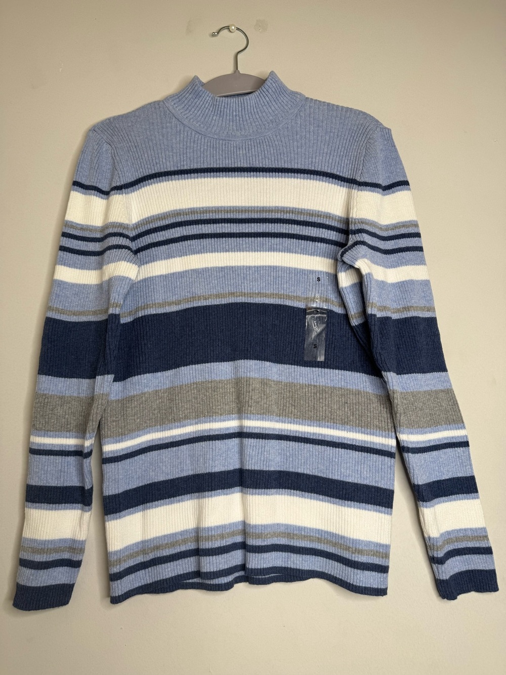 Karen Scott Striped Turtleneck Sweater in Light Blue, Navy, Gray, and White